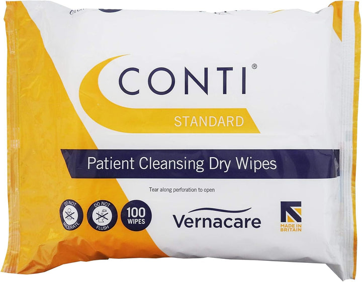 Conti Standard - Patient Cleansing Dry Wipes, Every Day Universal Use Cleaning Cloths, Wipe Size 26Cm X 20Cm, 100 Wipes per Pack - 12 Pack