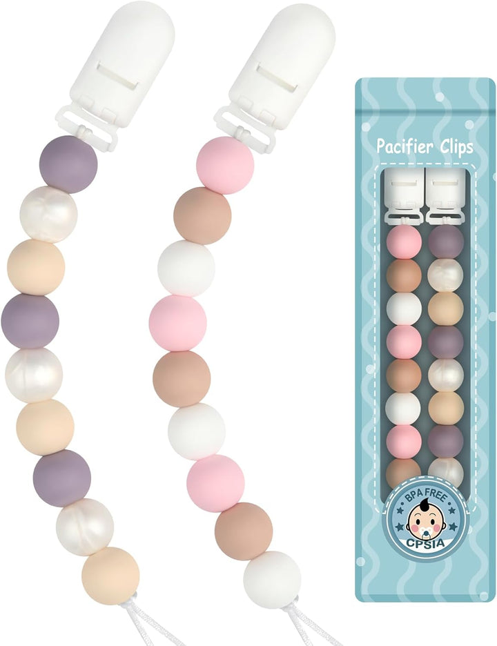 Dummy Clips Boys Girls Silicone Soother Pacifier Chain Flexible Binky Holder Set with Texture for Teething Baby Unisex Newborn Dummies 1-Piece Design(Quartz Pink)