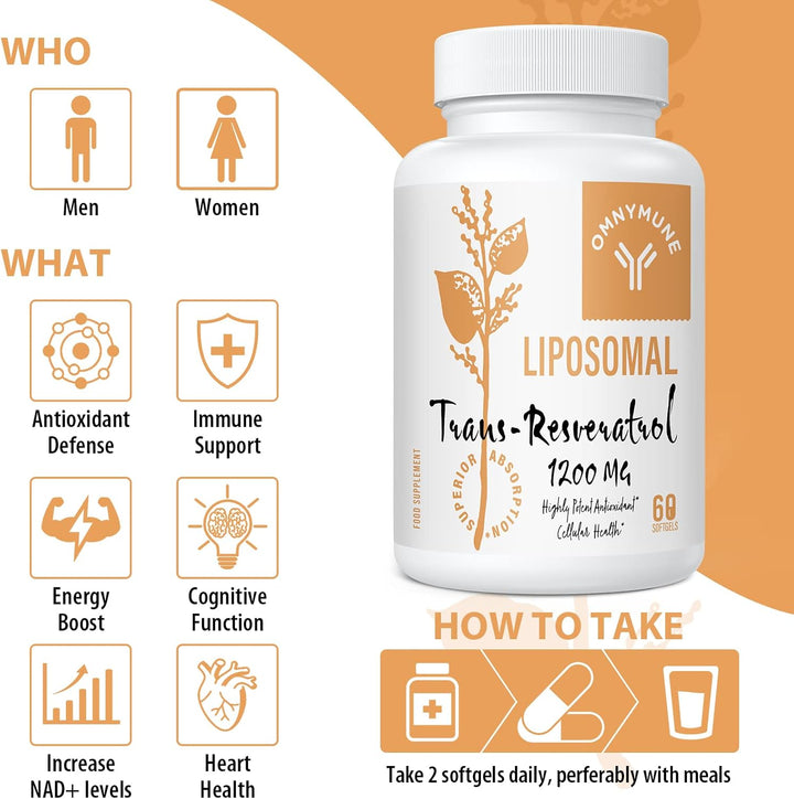 Liposomal Trans-Resveratrol 1200Mg per Serving – High Absorption, 98% Purity from Japanese Knotweed – Antioxidant, Longevity & Immunity – 60 Softgels