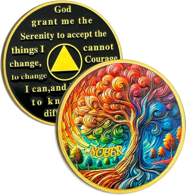 Tree of Life Sobriety Coin | AA Chip and Medallion with Serenity Prayer - Oil Painting Style Design, Celebrating Recovery Milestones, Beautiful Sobriety Gift for Men and Women