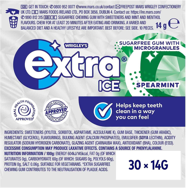 Chewing Gum, Sugar Free, Ice Spearmint Flavour, Chewing Gum Bulk, 30 Packs of 10 Pieces