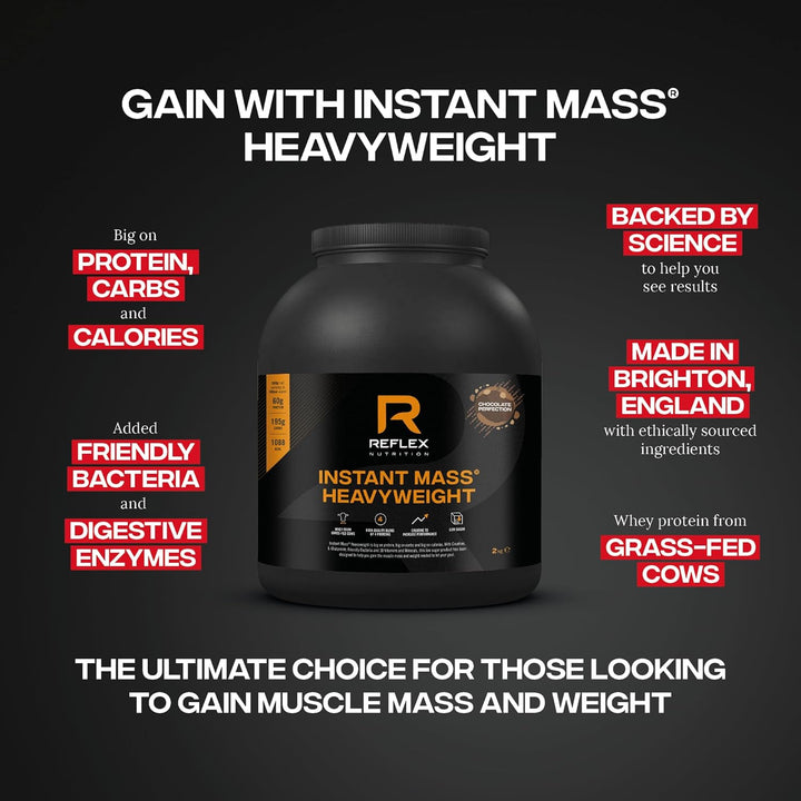 Nutrition Instant Mass Heavyweight - Mass Gainer - over 1000 Kcal per Serving, 60G Protein, Creatine - High Calorie Post Workout or before Bed Protein Shake (Chocolate Perfection, 2 Kg)