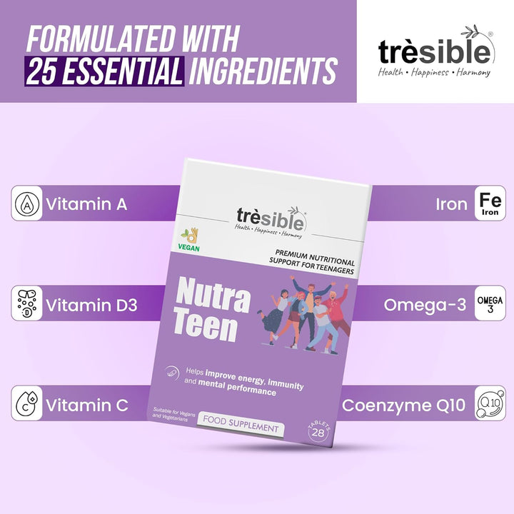 Teen Vitamins for Teenagers Boys and Girls 12-18 Years (1 Month Supply) - 25 Essential Multivitamins Vegetarian Tablets with Iron, Zinc, Folic Acid and Omega 3 - Unflavoured Teen Boy Vitamins