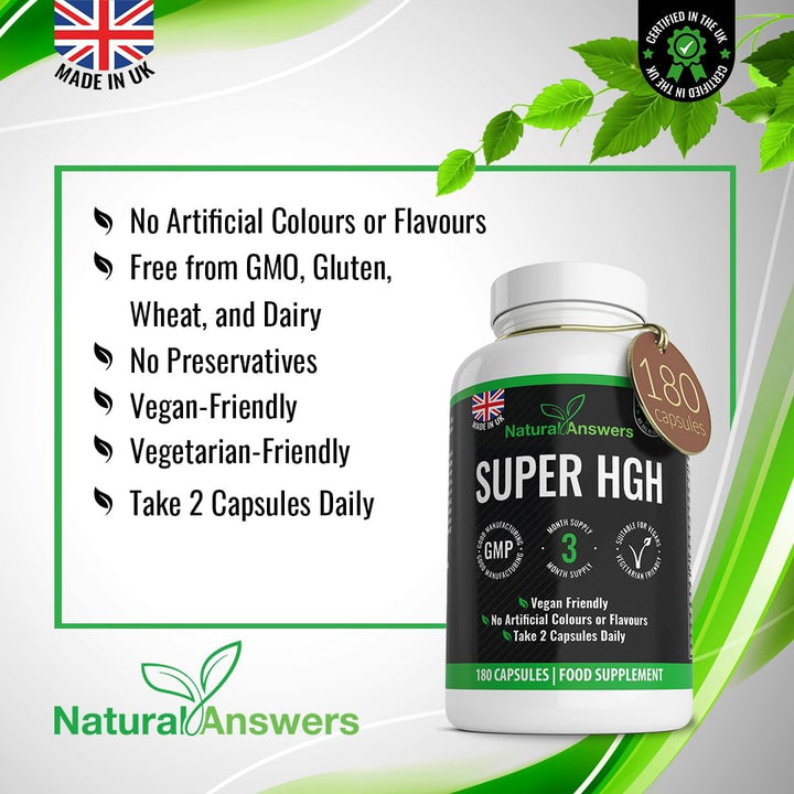 180 Super HGH Vegan Capsules - (3 Months Supply) 9-In-1 HGH Complex with Vitamin B6 and Tribulus Terrestris Extract - Made in the UK