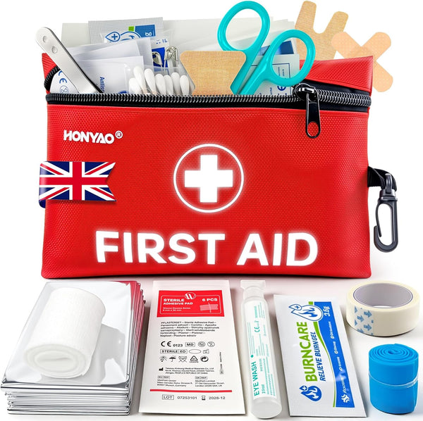 First Aid Kit, 105 Pieces Small First Aid Kit, Includes Plasters, Emergency Foil Blanket, Burn Gel for Travel Car Home Workplace Kids Camping Hiking Motorbike Holiday, Red