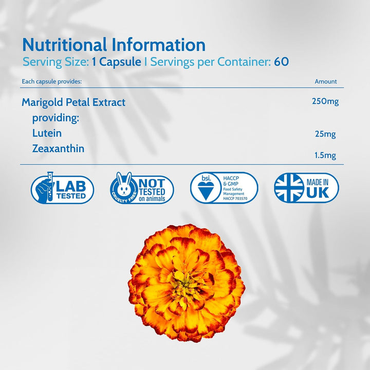 Lutein and Zeaxanthin Supplement 25Mg per Capsule, 60 Capsules 2 Months Supply, Purest Eye Health Marigold Extract Supplement, Natural Eye Vitamins for Vision Care & Floaters | Made in UK