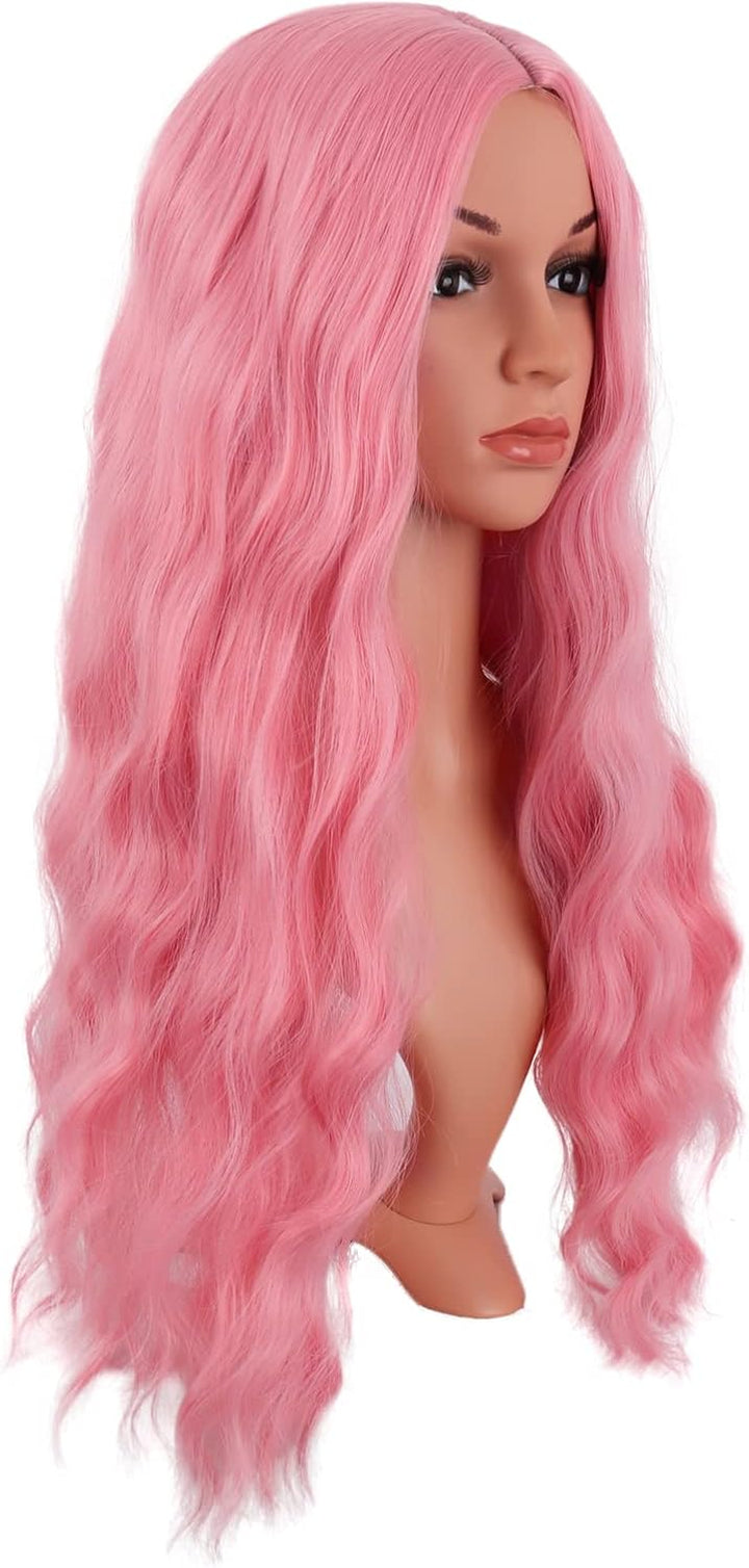 28 Inch/70 Cm Long Wavy Middle Part with No Bangs Synthetic Fiber Curly Fashion Women Party Cosplay Wig (Light Pink)