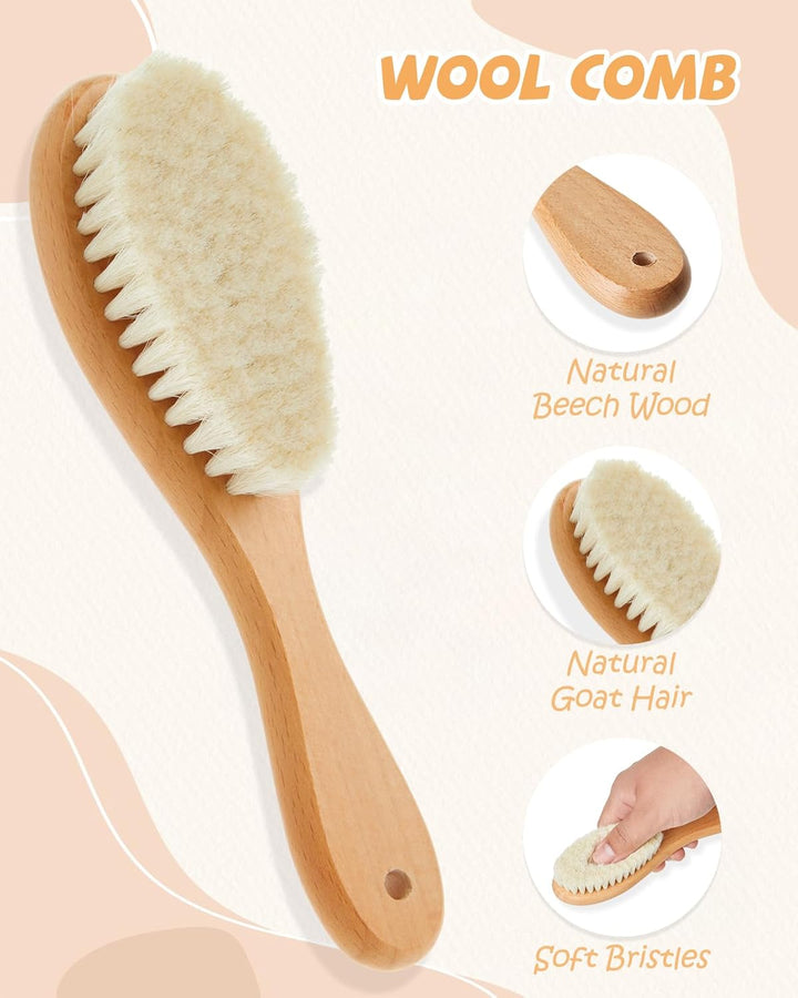 Baby Hair Brush and Comb Set, 4 Pcs Newborn Hair Brush with Soft Bristle, Natural Goat Hair and Wood Baby Cradle Cap Comb for Newborns & Toddlers, Newborn Baby Essentials