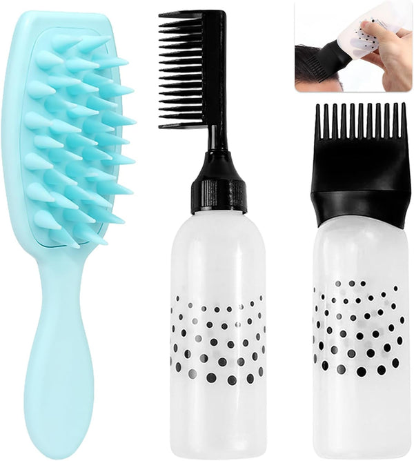 Hair Oil Applicator Bottle, 3Pcs Root Comb Applicator Bottle with 1 Hair Massager, Scalp Oil Applicator with Graduated Scale for Salon Home DIY