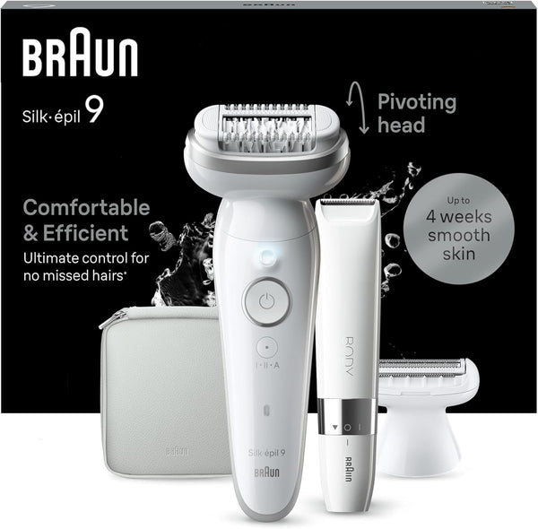 Silk-Épil 9, Epilator with Pivoting Head for Easy Hair Removal, Wet & Dry, Lasting Smooth Skin, with Lady Shaver Head & Trimmer Comb, 9-441, White/Silver with EU Plug