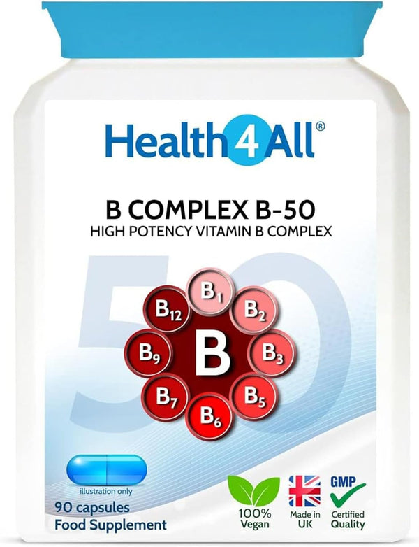 Vitamin B Complex B-50 90 Capsules, 3 Months Supply, High Potency Vegan B-Complex with PABA | Support Cognitive Functions, Energy, Tiredness & Fatigue | Made in UK (Not Tablets)