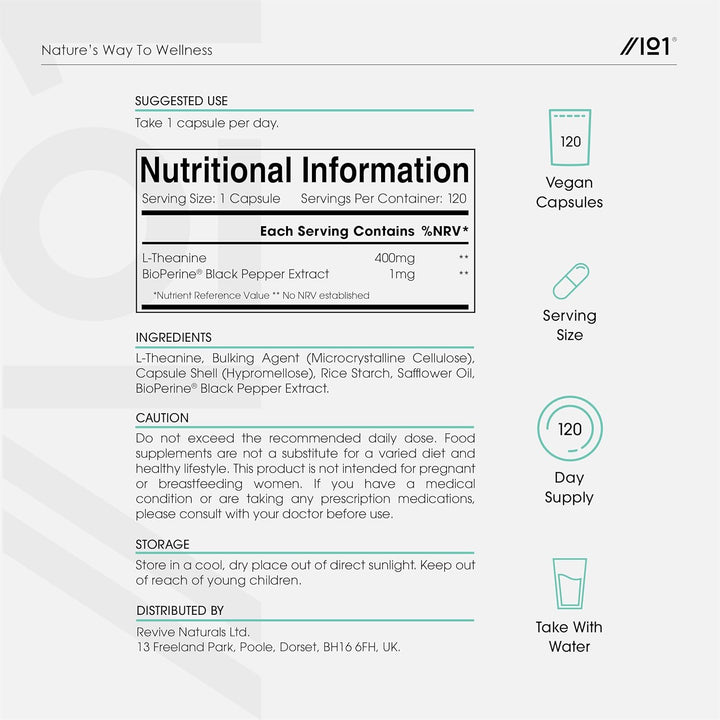 L-Theanine 400Mg with Bioperine - 120 Vegan Capsules - Highly Bioavailable - Resealable and Recyclable Pouch - 6 Months Supply by