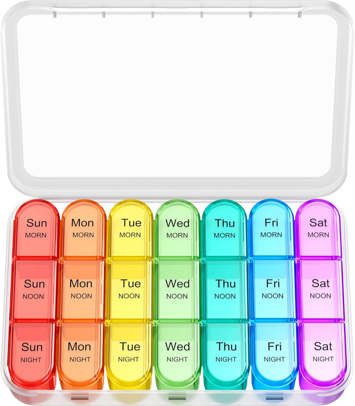 Weekly Pill Box 7 Day 3 Times a Day (Morn/Noon/Night), Daily Portable Travel Pill Box Organiser, Tablet Organiser with Large Compartments, Hold for Fish Oils, Vitamins, Supplements (Black)