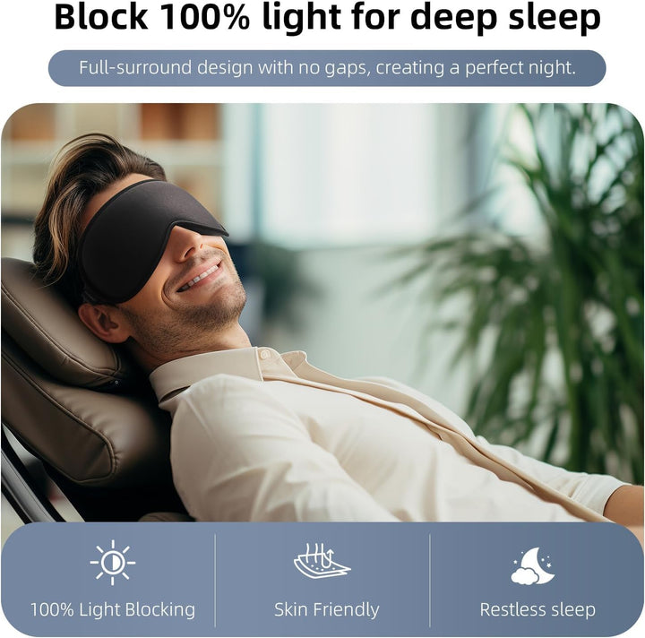 100% Blackout Sleep Mask for Women Men, Zero Eye Pressure Eye Mask, Sleeping Mask for Side Sleepers, Lycra Fabric 3D Contoured Cup Blindfold with Adjustable Strap for Home/Work, 3D Black