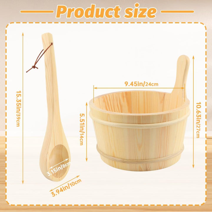 Wooden Bucket and Ladle Set,4L Capacity Sauna Water Bucket,With Handle and Plastic Insert,Wood Ladle Kit Barrel Set Accessories,For Home-Sauna/Steam Room