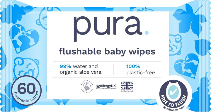 Eco Flushable Baby Wipes - 1 Pack (60 Wipes) 100% Plastic Free, 99% Water, Suitable for Sensitive, Eczema Prone Skin, Newborn Baby & Toddlers, Biodegradable, Vegan, Potty Training