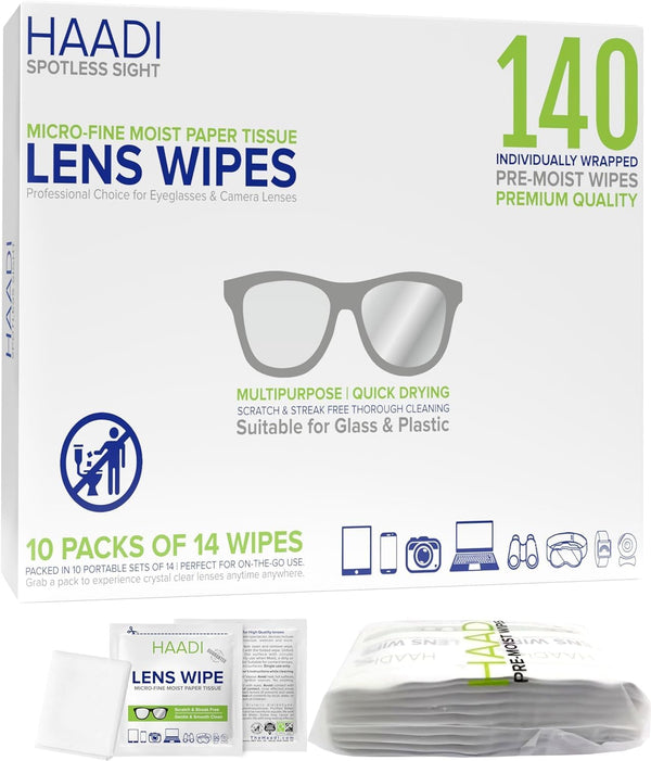 Glasses Cleaner Wipes 140 Individually Wrapped Lens Wipes Multipurpose Suitable for Spectacle Lenses, Cameras, Binoculars, Mirrors, Screens, Optical and Electronic Devices