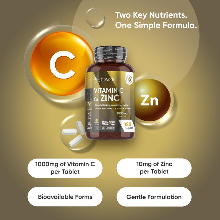 Vitamin C and Zinc Supplements - 6 Months Supply - 180 Tablets - 1 per Day - 1000Mg L-Ascorbic Acid & 10Mg Zinc Bisglycinate - Vegan-Friendly & Non-Gmo - Vitamin C Tablets for Men & Women