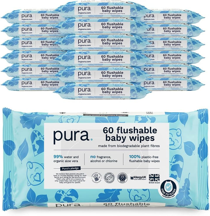 Eco Flushable Baby Wipes - 1 Pack (60 Wipes) 100% Plastic Free, 99% Water, Suitable for Sensitive, Eczema Prone Skin, Newborn Baby & Toddlers, Biodegradable, Vegan, Potty Training