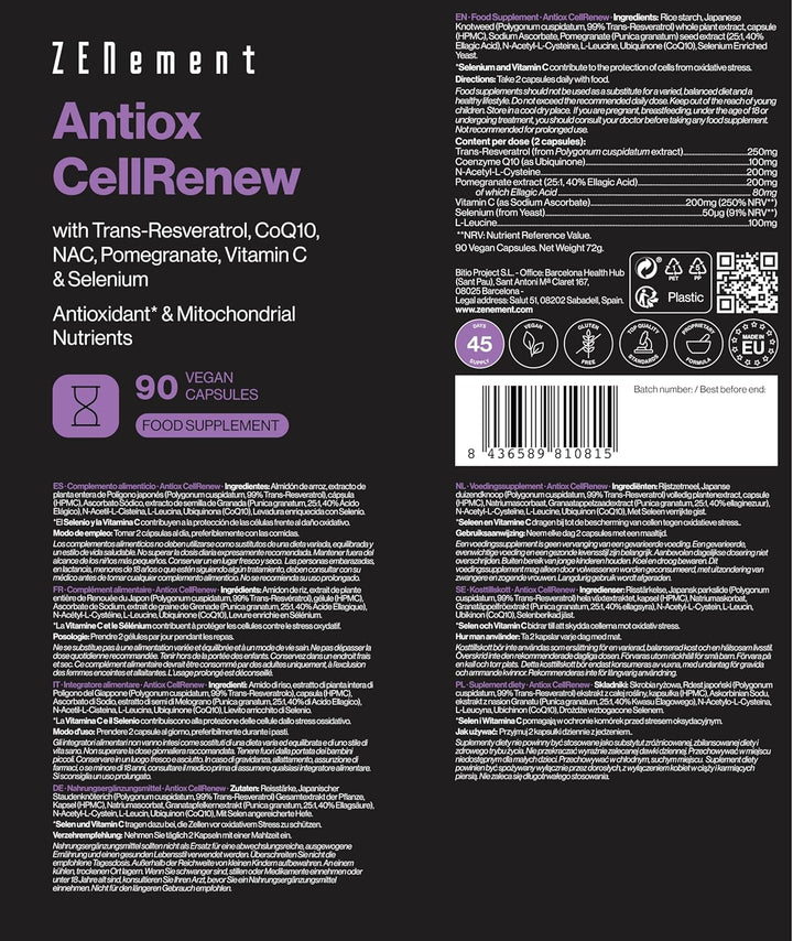 Antiox Cellrenew with Trans-Resveratrol, Coq10, NAC, Pomegranate, Vitamin C & Selenium - Antioxidant & Cellular Energy Support, 90 Vegan Capsules -