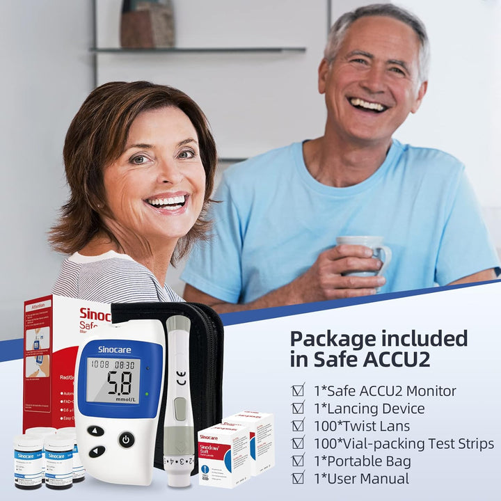 Blood Sugar Monitor,  Safe Accu2 Blood Sugar Test Kit with 100 Test Strips, 100 Lans, Light Indicator, No Coding, Easy to Use, Diabetes Testing Kit Home Use UK, Mmol/L