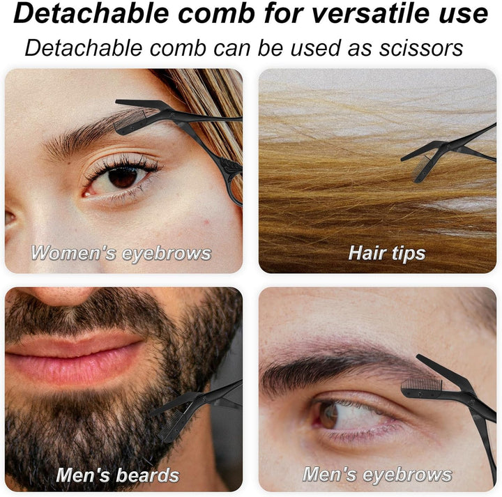 Professional Eyebrow Scissors, Stainless Steel Brow Shaper Grooming Scissors Precision Trimmer with Comb Black Non-Slip Trimming Sterile Scissor for Women Men