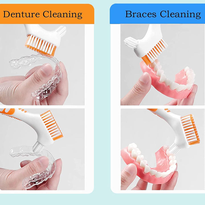 4Pcs Denture Brush, Retainer Brush, Denture Toothbrush, Portable Denture Cleaning Brush, Double Bristle Head Denture Brush, False Teeth Brush for Cleaning Retainers (Blue, Purple, Green,Orange)