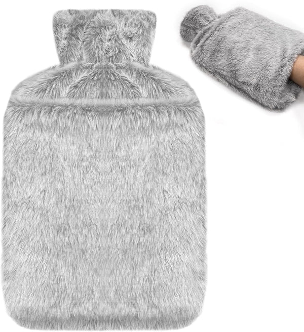 Hot Water Bottle with Luxury Cosy Faux Fur Cover UK, 2L Leakproof Hot Water Bag for Neck, Shoulder Pain and Hand Feet Warmer (Grey)