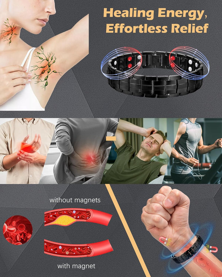 Titanium Steel Magnetic Bracelets for Men,4 Element Double Row Strength Magnets Wristband Magnetic Brazaletes with Free Links Removal Tool & Jewelry Gift Box
