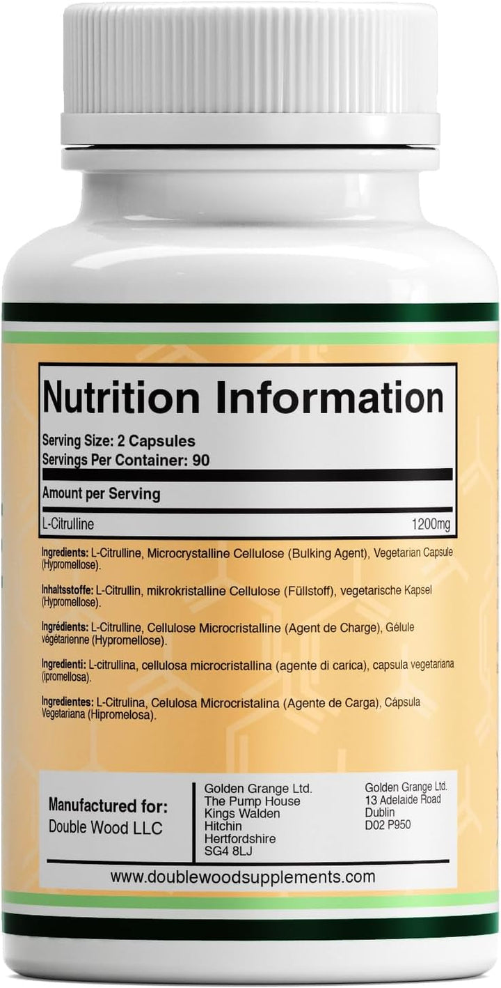 Double Wood L Citrulline | 180 L-Citrulline Capsules - 1200Mg L Citrulline per Serving | 90 Servings | Nitric Oxide Supplement | Promotes Cardiovascular and Muscle Health | Non-Gmo | UK Manufactured