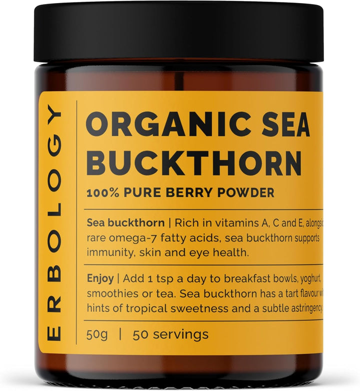 Organic Sea Buckthorn Powder 50G - 50 Servings - Skin Health and Immunity Support - Rich in Omega-7 (6.5%), Vitamin C and Beta-Carotene - Seeds Removed, More Concentrated - Vegan - Gmo-Free