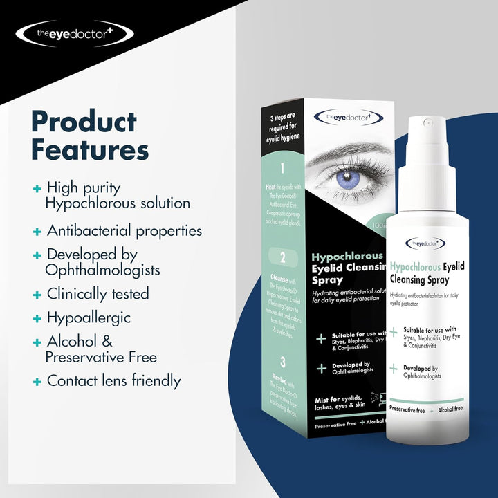 Hypochlorous Eyelid Cleansing Spray - Hypoallergenic with Antibacterial Properties for Use with Dry Eye, Blepharitis & MGD - Preservative & Alcohol Free, Contact Lens Friendly, 100Ml