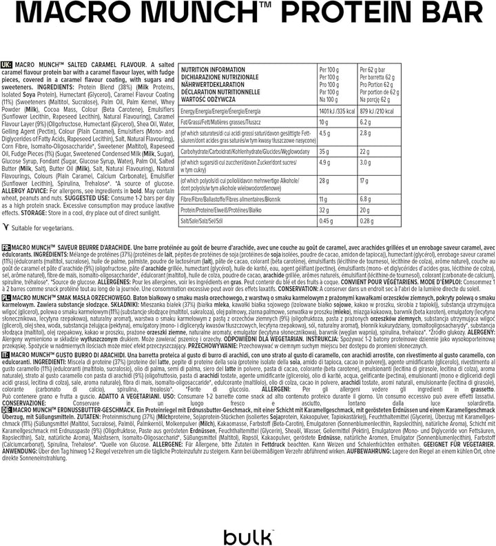 Macro Munch Protein Bar | Salted Caramel Flavour | 12 X 62G | 20G High Protein | Low Sugar | 6.7G Fibre | Soft-Baked Triple Layer | Healthy Snack Bar for Gym | Fitness | On-The-Go | Vegetarian