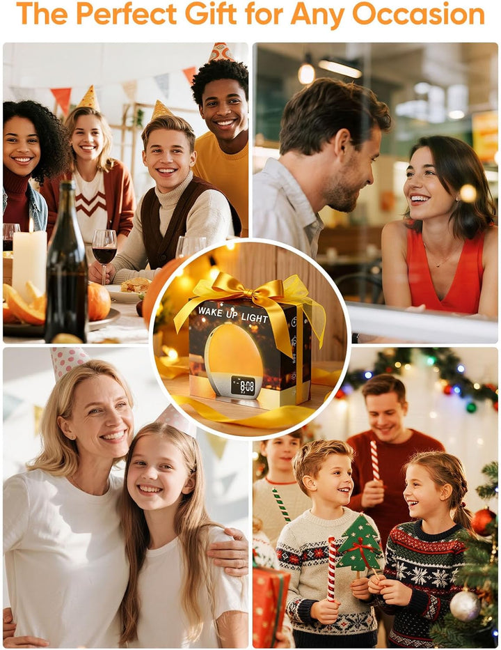 Sunrise Alarm Clock, Wake-Up Light, 9Min Snooze, Bedroom Night Lamp, 25 Soothing Sounds with 16 Volumes, Weekday/Weekend Dual Alarms, Child/Adult Sunset Alarm, Adjustable BT Party/Gathering Lamp