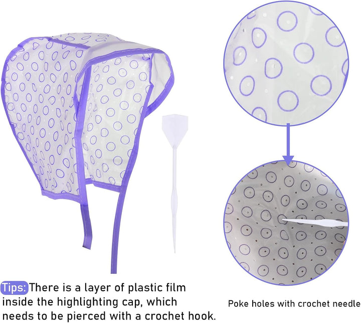 2 Sets of Hair Coloring Kits, Hair Highlighting Caps, Hair Dye Cap Disposable Hair Art Frosting Cap with Plastic Crochet Hook, and Hair Dye Brushes for Salon Hair Dyeing Hairdressing (Purple)