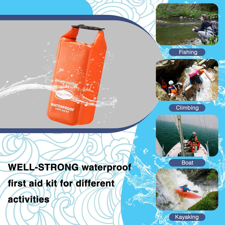 Waterproof First Aid Kit Roll Top Boat Emergency Kit with Waterproof Contents for Fishing Kayaking Boating Swimming Camping Rafting Beach Orange