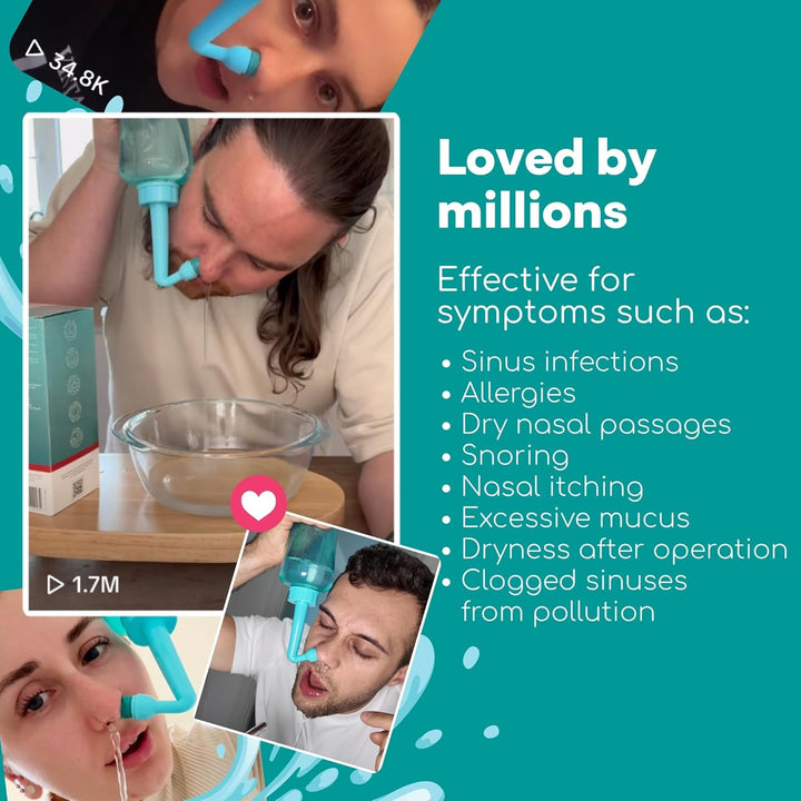 Nasal Irrigation Kit - 500Ml Nasal Rinse Bottle, 30X 4.5G Premixed Saline Nasal Rinse Salt Sachets - Deluxe Free-Flow Bottle Nose Cleaner for Improved Breathing and Nasal Hygiene