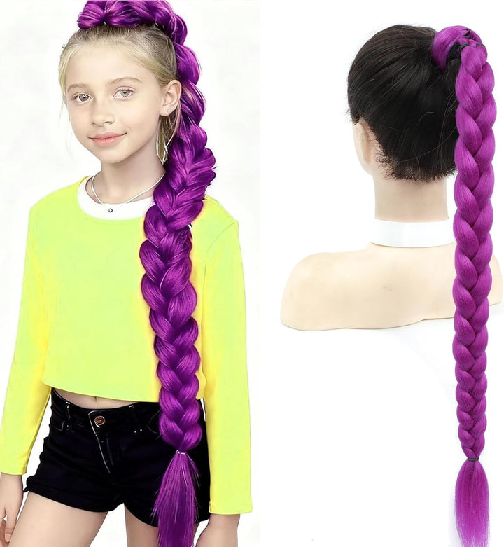 Long Purple Hair Extensions Synthetic Fiber Braid Cosplay Purple Braiding Hair 24 INCH Easy Claw Clip Ponytail Extension for Cosplay Halloween Costume (Purple, 24 Inch)