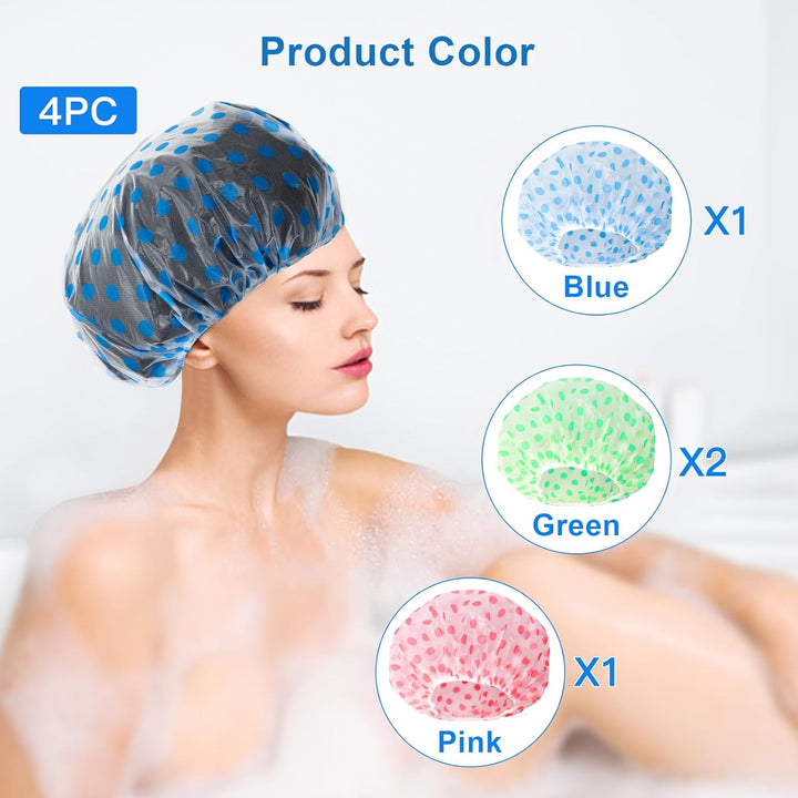 4PCS Shower Cap, Waterproof Shower Caps for Women Long Hair, Reusable Bath Cap with Elastic Band for Spa Salon Hotel