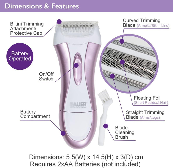 38730 Soft and Smooth Lady Shaver / Painless Hair Removal / Arms, Legs and Bikini Trimmer / Battery Operated / Wet and Dry Shave / Bikini Trimmer Attachment / Stainless Steel Blades
