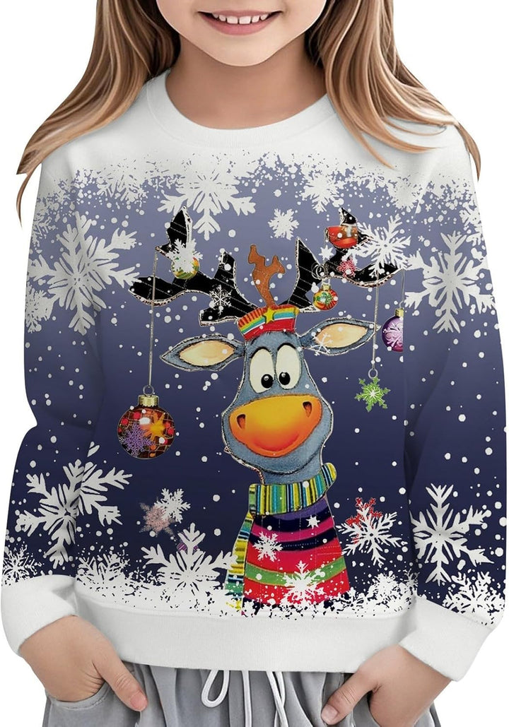 Festive Reindeer Print Girls Long Sleeve Crewneck Sweatshirt for Holiday Cozy Casual Pullover Top Kids