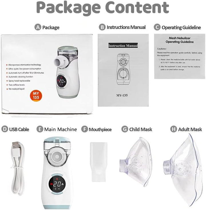 Mesh Nebuliser for Kids, Portable Nebuliser for Adults Sinus Inhaler with Digital Display, Timed and Automatic Cleaning Functions for Home and Travel Use