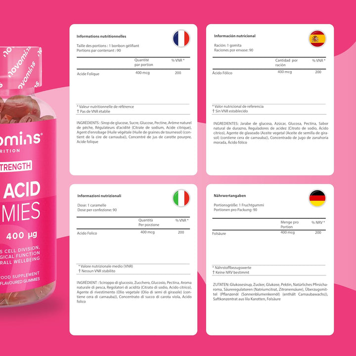 Folic Acid Gummies - 3 Month Supply of Folic Acid - High Strength 400 MCG - Prenatal Pregnancy Gummies Health & Maternal Tissue Growth during Pregnancy -
