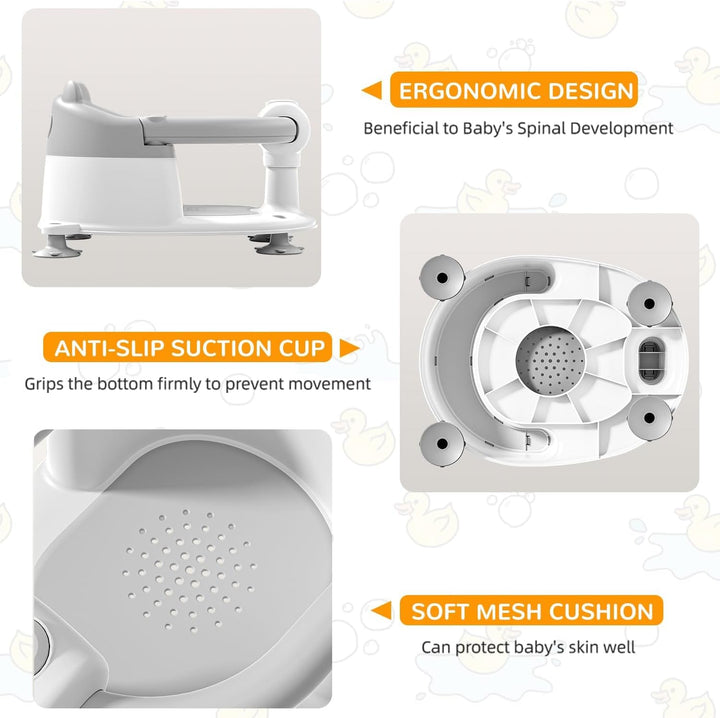 Baby Bath Seat for Babies 6 Months & Up, Toddler Bath Seats for Babies Sitting Up, Non-Slip Infant Bath Tub Chair with 4 Suction Cups & Soft Cushion for Shower (Grey)