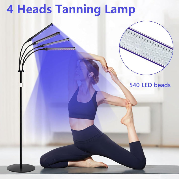 Tanning Lamp for Home with 660Nm & 850Nm Blue Light, 540Pcs Leds Tanning Lamp with 4 Lamp Heads, Adjustable Height and Angle, 3 Modes, 5 Brightness Levels, Timer Setting, Sunbeds for Face and Body