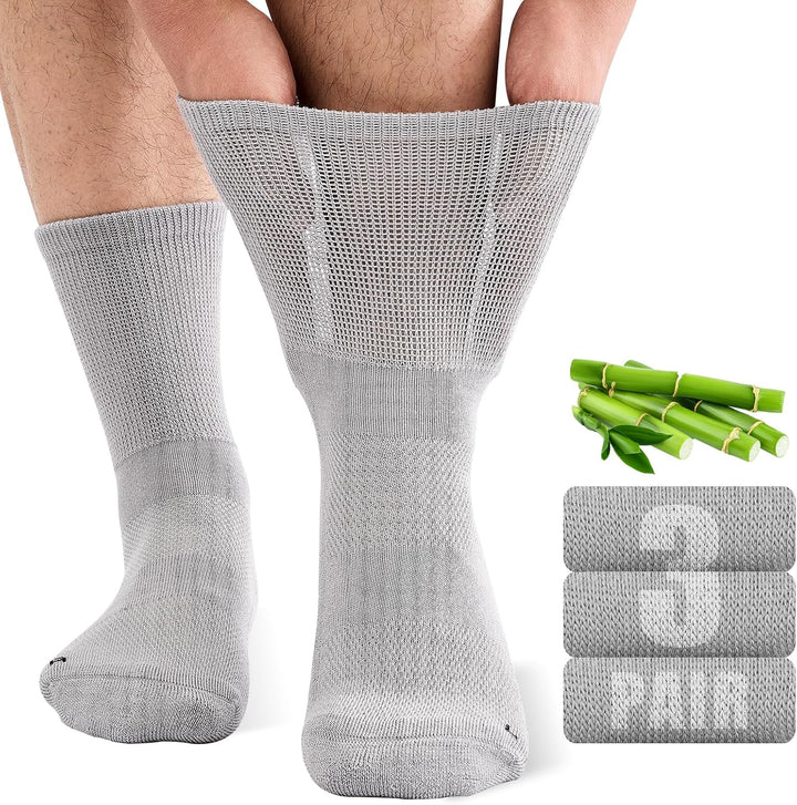 Bamboo Diabetic Socks for Men, Soft Top Cushioned Seamless Socks for Swollen Feet and Ankles, Loose Top Hospital Socks 3 Pairs