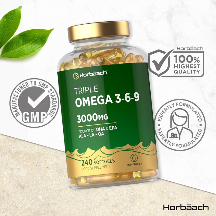 Triple Omega 3 6 9 Capsules 3000Mg ALA, LA & OA | 240 Softgels | High Strength EPA & DHA Essential Fatty Acids | Supplement with Fish Oil, Flaxseed & Sunflower Oil | by