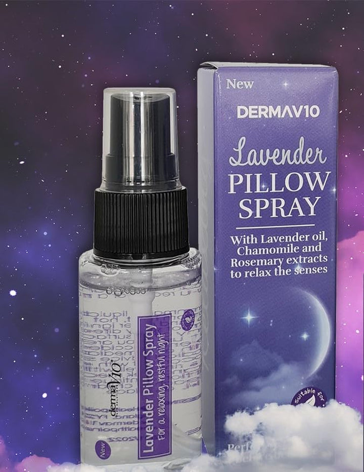 Derma V10 Pillow Spray, Lavender Oil, Chamomile and Rosemary Extract, Reduces Stress and Anxiety, Improves Sleep, Calms Body and Mind, Easy to Use, Vegan Friendly