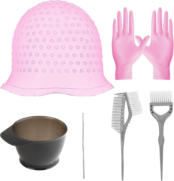 Hair Highlight Cap Kit with Reusable Accessories, Silicone Highlighting Cap with Upgraded Mixing Bowl, Brush and Reusable Gloves, Easy-To-Use Hair Dye Cap for DIY Highlights at Home or Salon