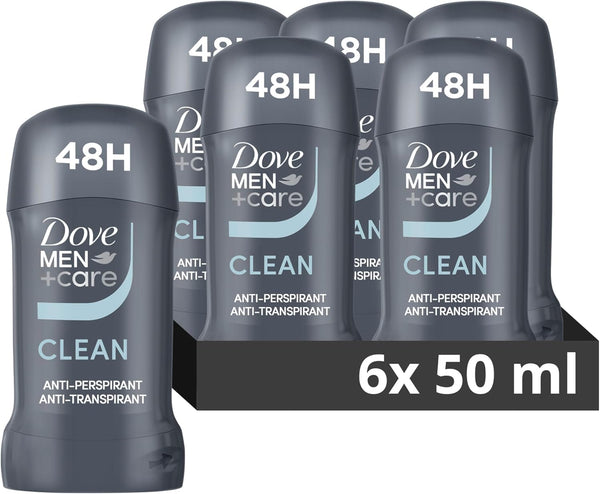 Dove Men+Care Clean Comfort with ¼ Moisturising Cream Men'S Antiperspirant Deodorant Stick for 48 Hour Protection against Sweat and Odour 50 Ml, Pack of 6